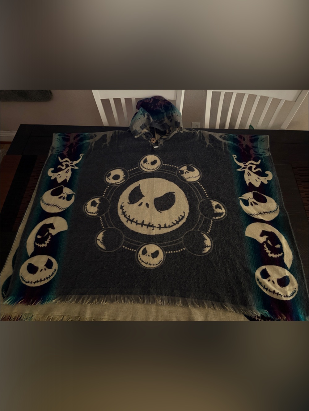 Skull Face Hooded Poncho with Fringe - Teal, Black, Cream